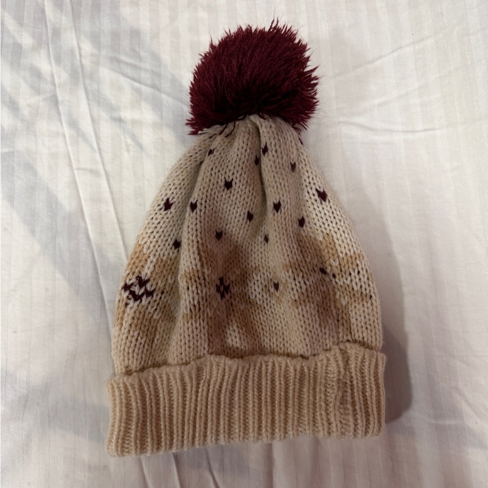 Charter Club Beige Burgundy Knit Acrylic Beanie Pom-Pom Hat Women